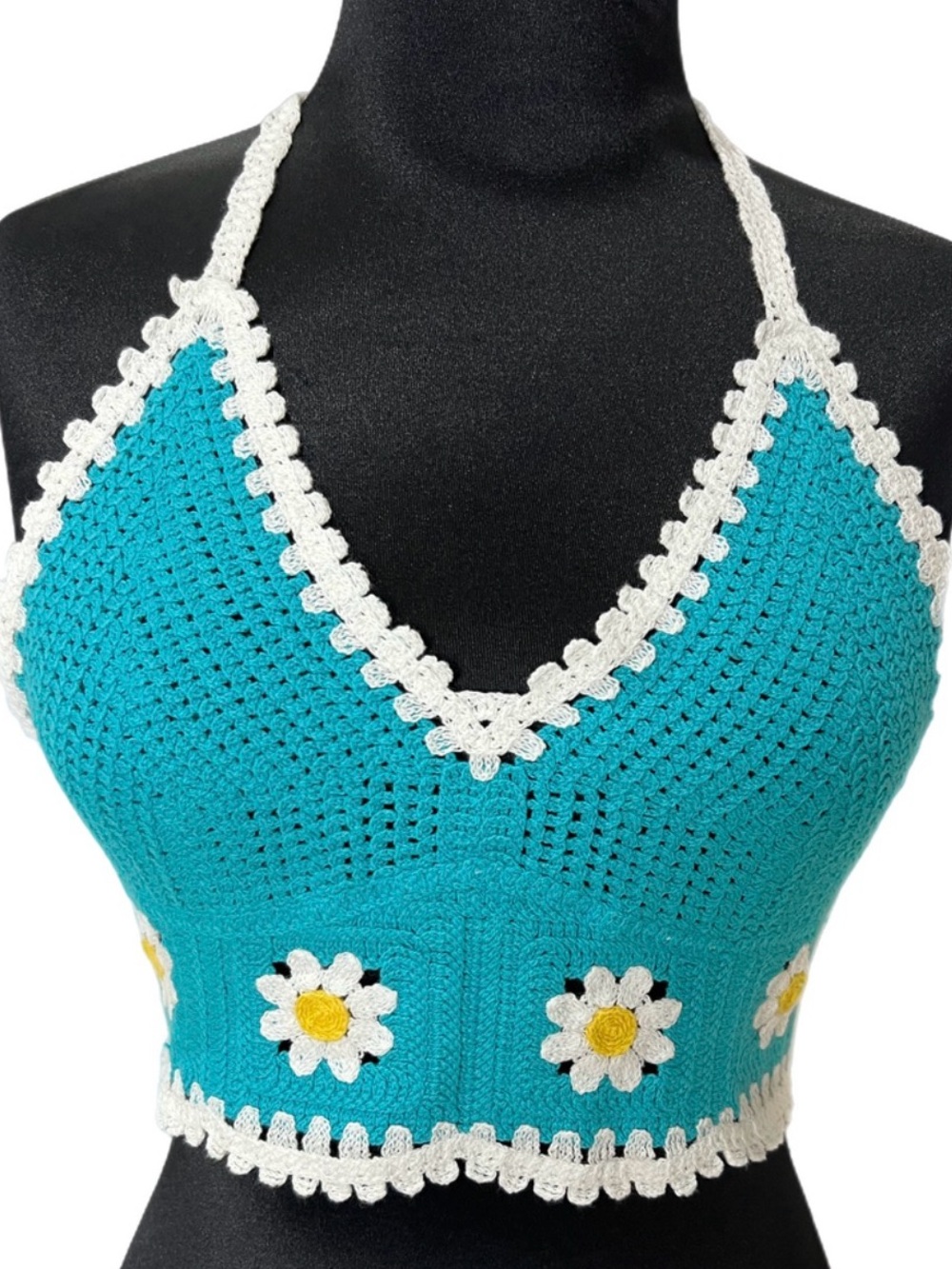 Turquoise Crochet Daisy Halter Crop Top